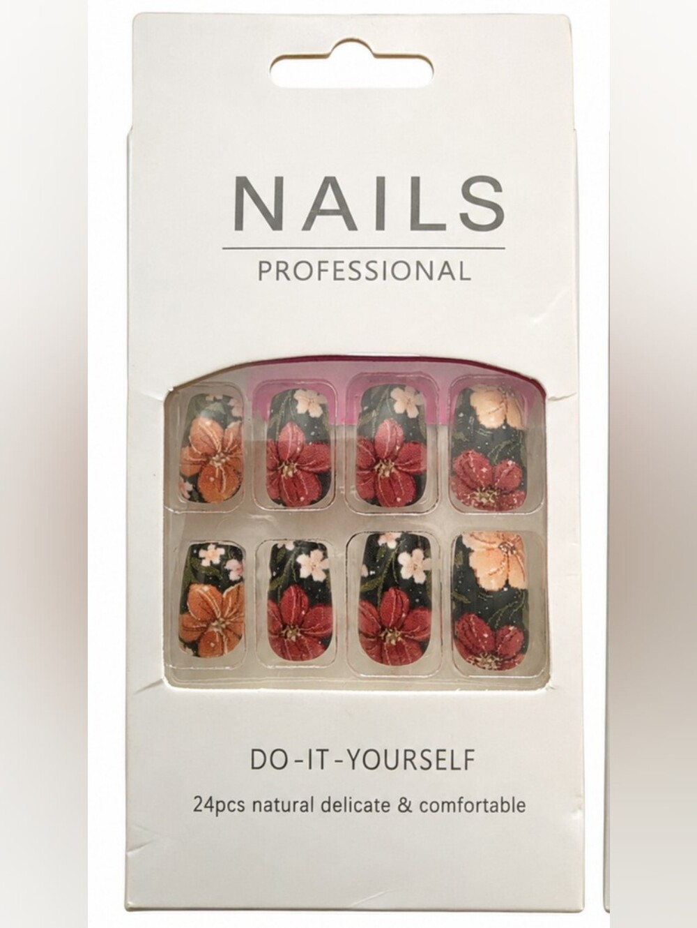 24 Pc Floral Press-On Nails Red Orange Flower Design Short Square Nail Set